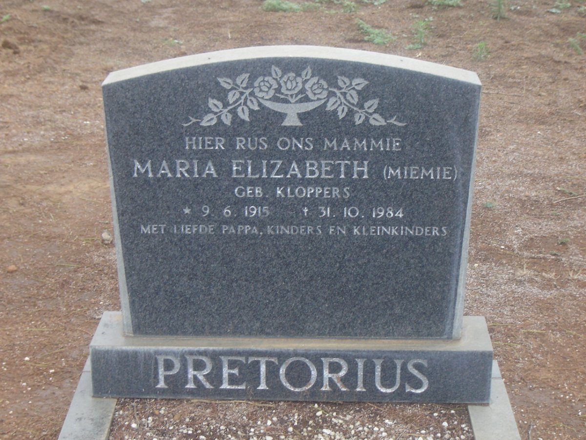 PRETORIUS Maria Elizabeth nee KLOPPERS 1915-1984