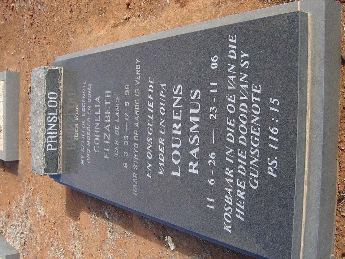 PRINSLOO Lourens Rasmus 1926-2006 &amp; Cornelia Elizabeth DE LANGE 1939-1998