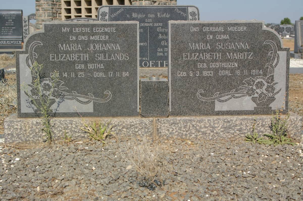 MARITZ Maria Susanna Elizabeth nee OOSTHUIZEN 1893-1984 :: SILLANDS Maria Johanna Elizabeth nee BOTHA 1925-1964 