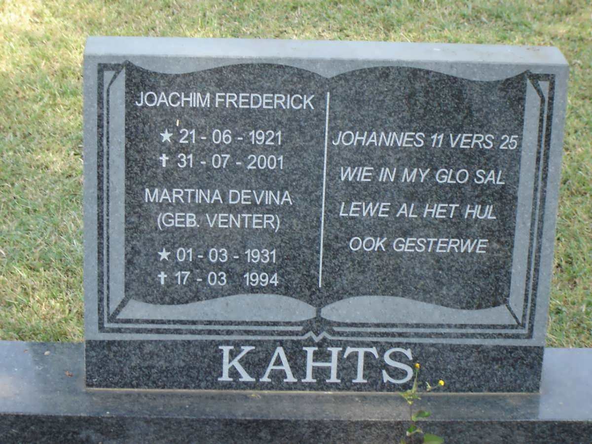 KAHTS Joachim Frederick 1921-2001 &amp; Martina Devina VENTER 1931-1994