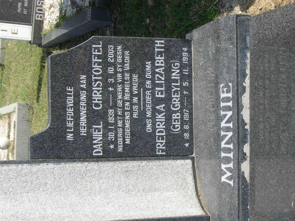 MINNIE Daniel Christoffel 1939-2003 &amp; Fredrika Elizabeth GREYLING 1917-1994