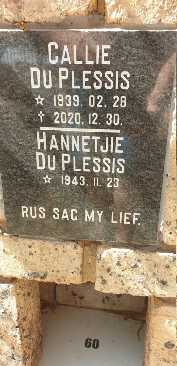 PLESSIS Callie, du 1939-2020 &amp; Hannetjie 1943-
