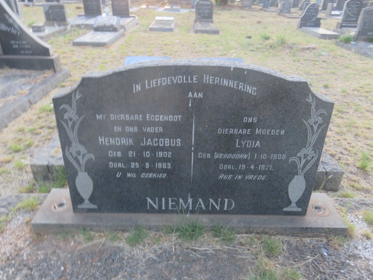 NIEMAND Hendrik Jacobus 1902-1963 &amp; Lydia VERDOORN 1908-1971