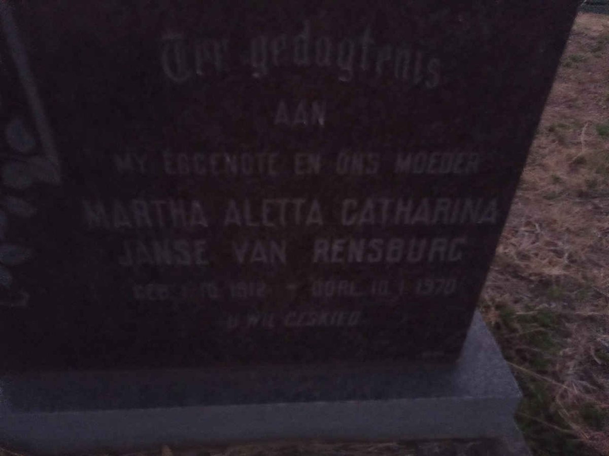RENSBURG Martha Aletta Catharina, Janse van 1912-1970