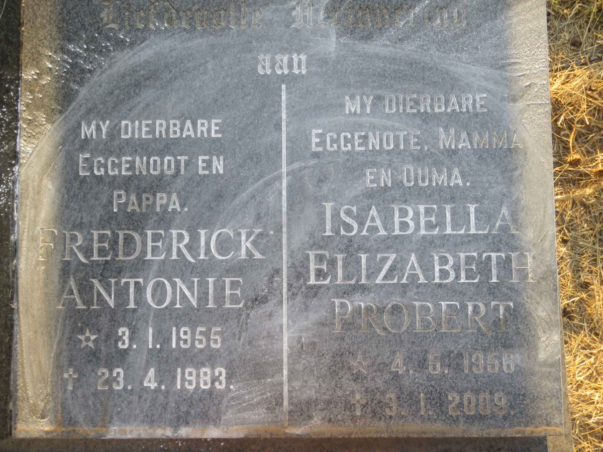 ZIJL Frederick Antonie, van 1955-1983 &amp; Isabella Elizabeth Probert 1956-2009