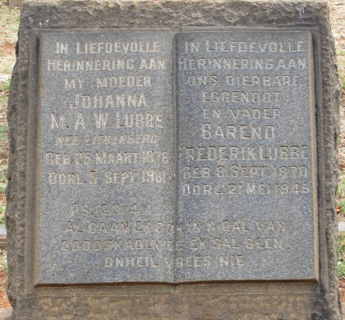 LUBBE Barend Frederik 1870-1945 &amp; Johanna M.A.W. LIEBENBERG 1876-1961