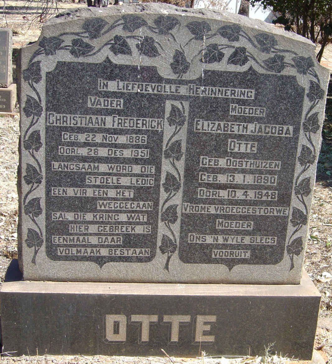 OTTE Christiaan Frederick 1886-1951 &amp; Elizabeth Jacoba OOSTHUIZEN 1890-1948
