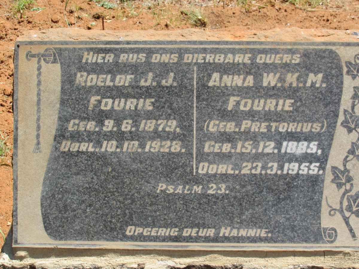 FOURIE Roelof J.J. 1979-1928 &amp; Anna W.K.M. PRETORIUS 1885-1955