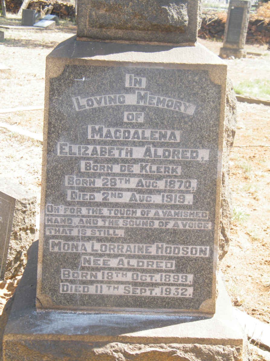 ALDRED Magdalena Elizabeth nee De KLERK 1870-1919 :: HODSON Mona Lorraine nee ALDRED 1899-1932