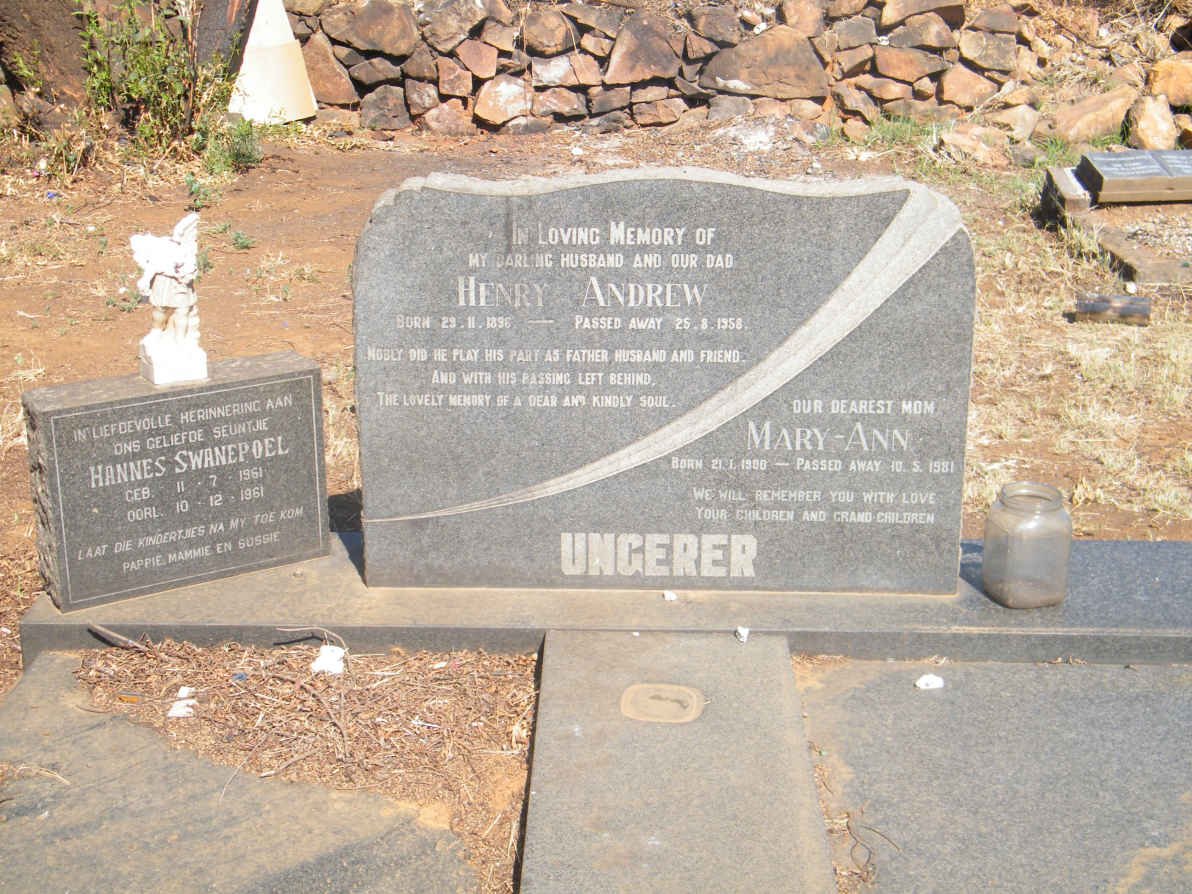 UNGERER Henry Andrew 1896-1958 &amp; Mary-Ann 1900-1981 :: SWANEPOEL Hannes 1961-1961