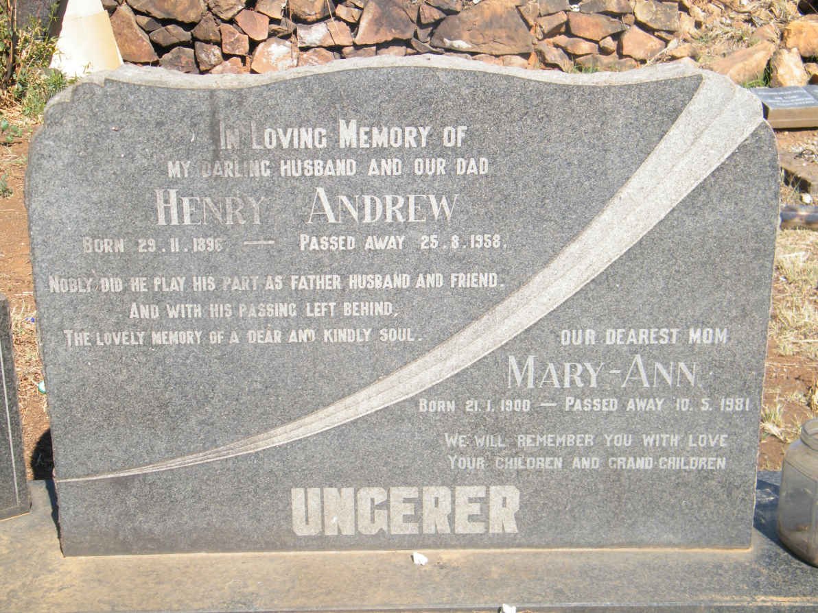 UNGERER Henry Andrew 1896-1958 &amp; Mary-Ann 1900-1981