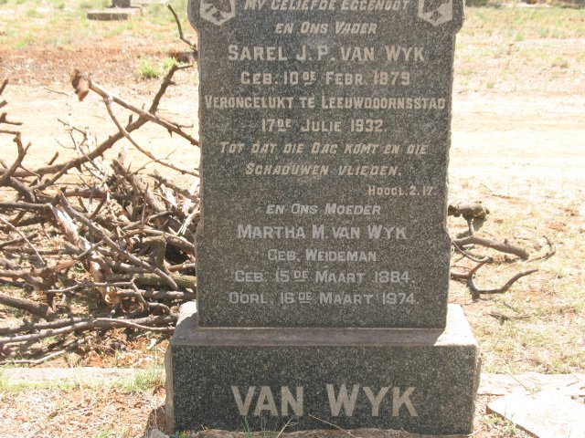 WYK Sarel J.P., van 1879-1932 &amp; Martha M. WEIDEMAN 1884-1974