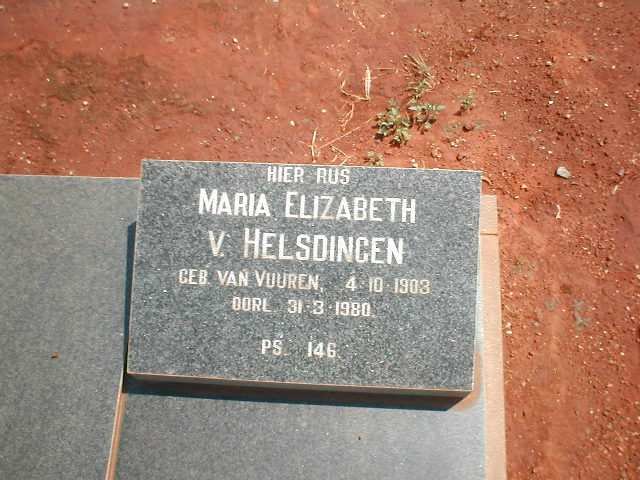 HELSDINGEN Maria Elizabeth, v. nee VAN VUUREN 1903-1980