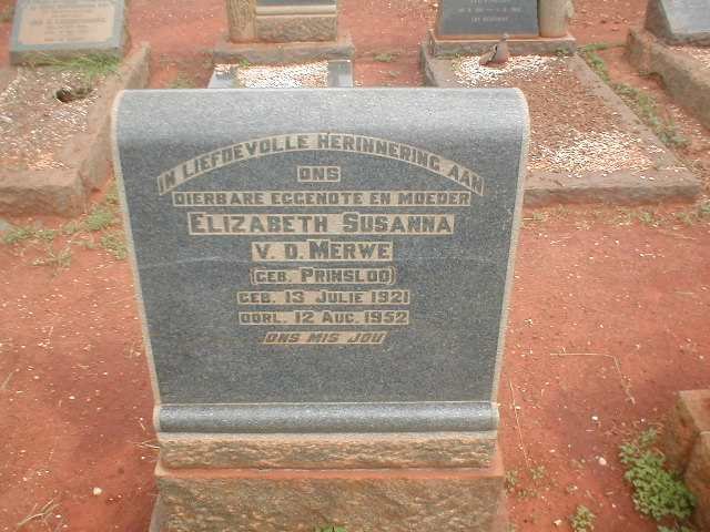 MERWE Elizabeth Susanna, v. d. geb. PRINSLOO 1921-1952