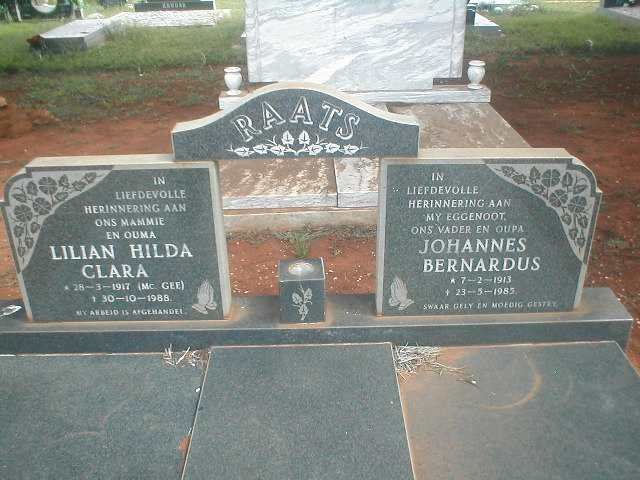 RAATS Johannes Bernardus 1913-1985 &amp; Lilian Hilda Clara MC GEE 1917-1988