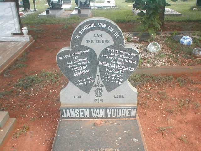 VUUREN Lourens Abraham, Jansen van 1924-2000 &amp; Magdalena Margaretha Elizabeth BOTHMA 1932-1985