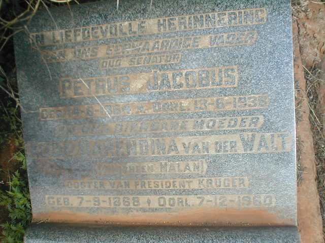 WALT Petrus Jacobus, van der 1864-1938 &amp; Alida Barendina MALAN nee KRUGER 1868-1960