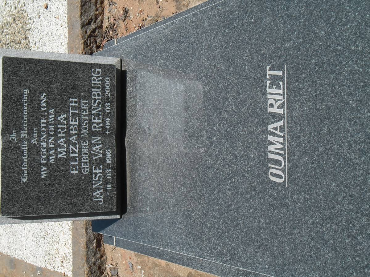 RENSBURG Maria Elizabeth, Janse van nee MOSTERT 1916-2000