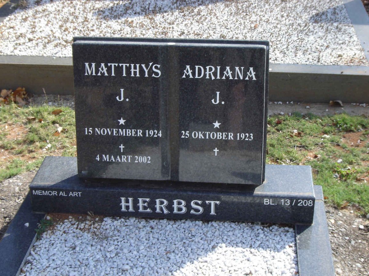 HERBST Matthys J. 1924-2002 &amp; Adriana J. 1923-