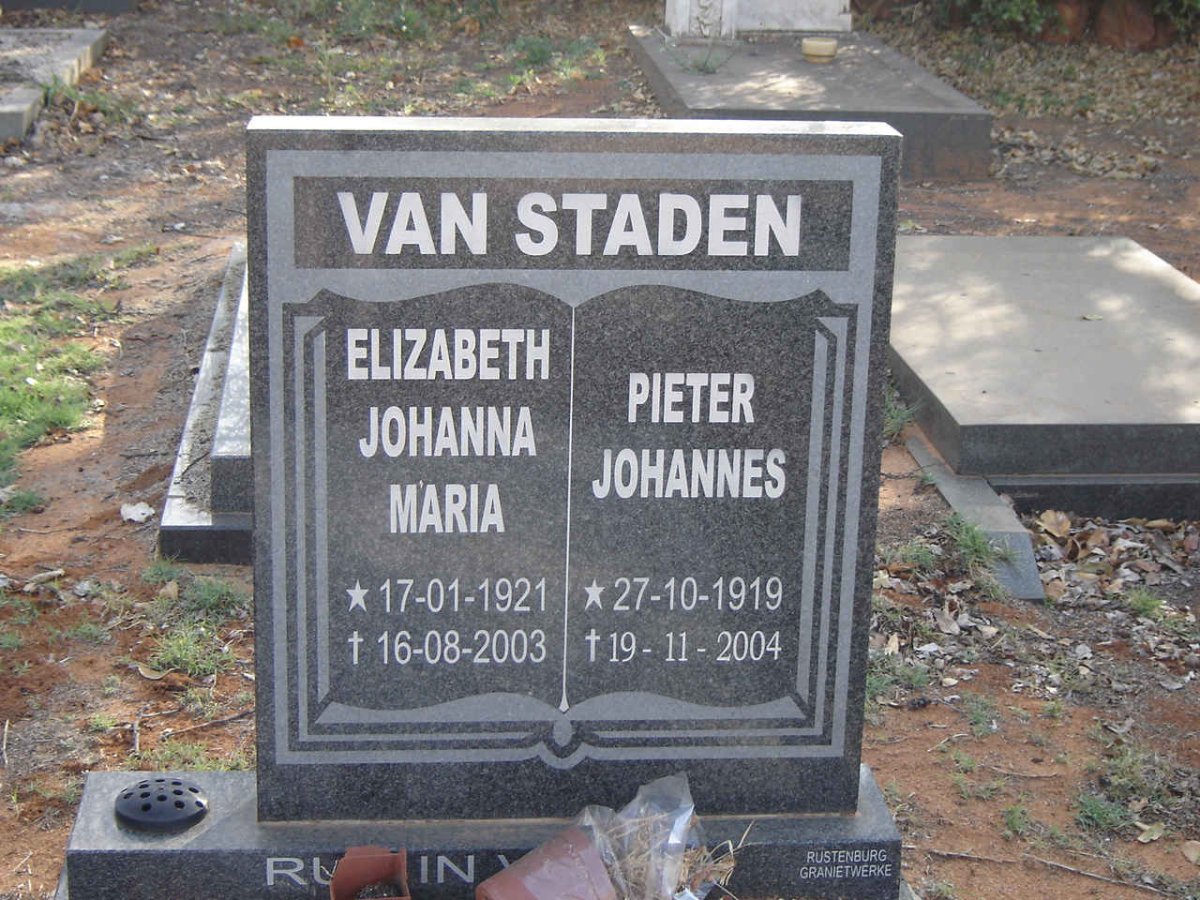 STADEN Pieter Johannes, van 1919-2004 &amp; Elizabeth Johanna Maria 1921-2003