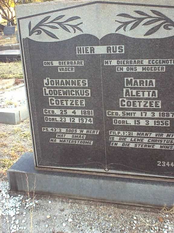 COETZEE Johannes Lodewickus 1881-1974 &amp; Marie Aletta SMIT 1887-1956