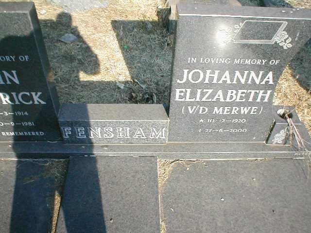 FENSHAM Johanna Elizabeth nee VAN DER MERWE 1920-2000