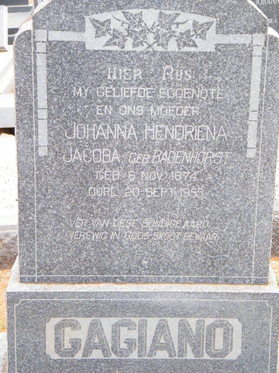 GAGIANO Johanna Hendriena Jacoba nee BADENHORST 1874-1955