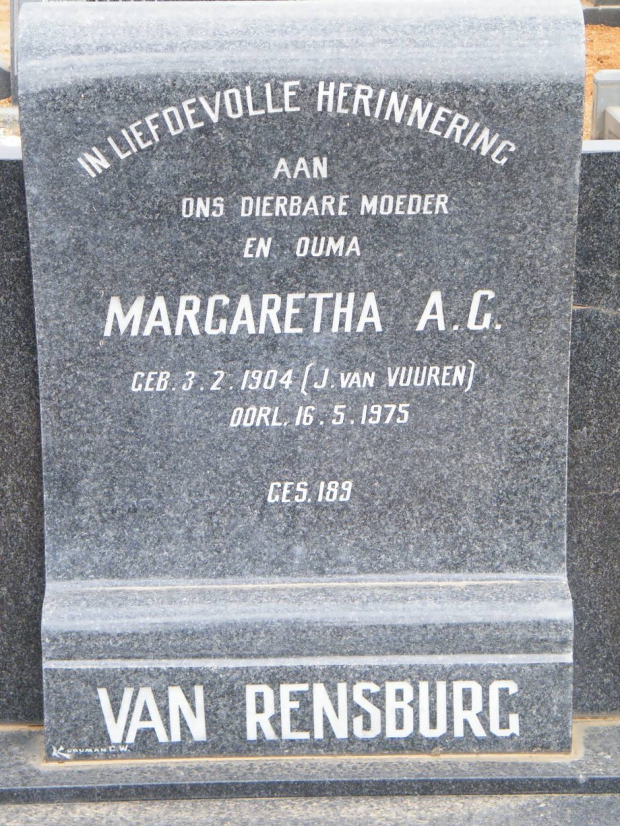 RENSBURG Margaretha A.G., van nee J. VAN VUUREN 1904-1975