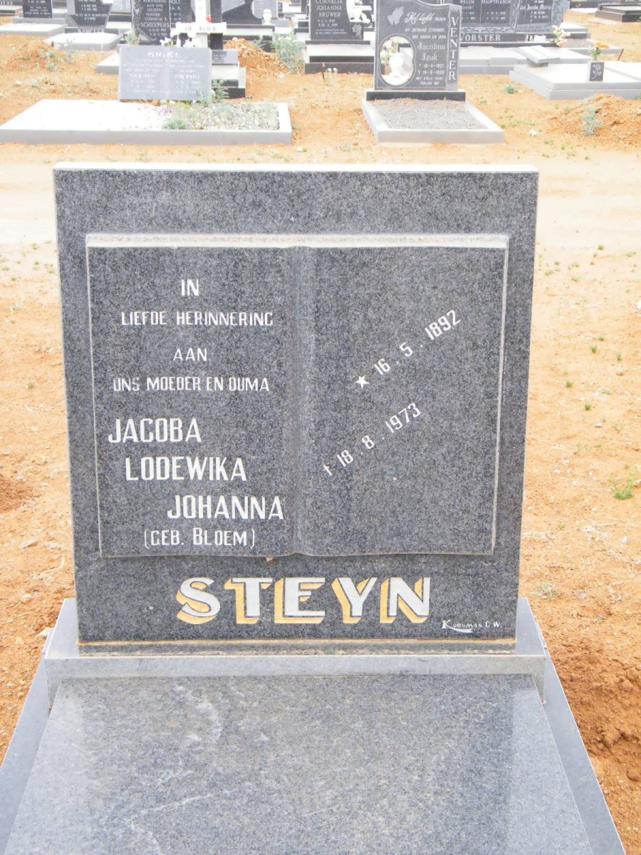 STEYN Jacoba Lodewika Johanna nee BLOEM 1892-1973