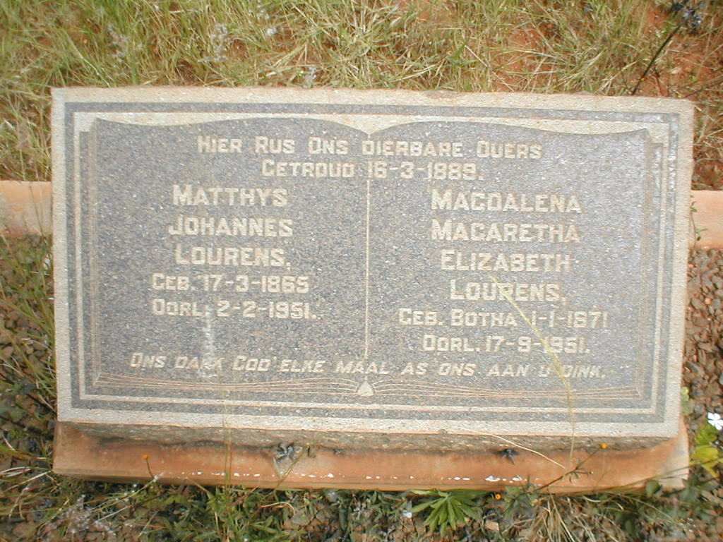 LOURENS Matthys Johannes 1865-1951 &amp; Magdalena Magaretha Elizabeth BOTHA 1871-1951