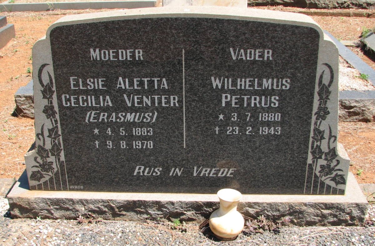 VENTER Wilhelmus Petrus 1880-1943 &amp; Elsie Aletta Cecilia ERASMUS 1883-1970