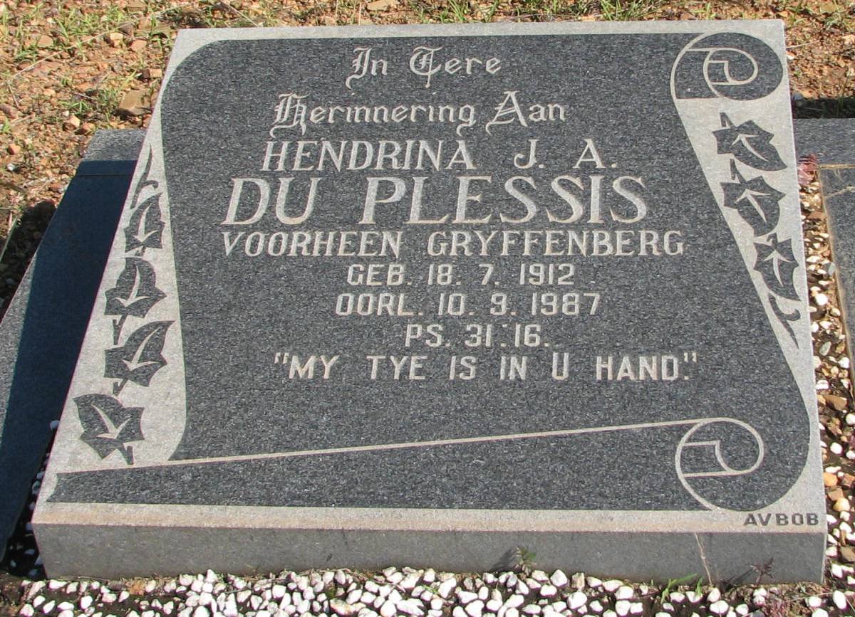 PLESSIS Hendrina J.A., du voorheen GRYFFENBERG 1912-1987