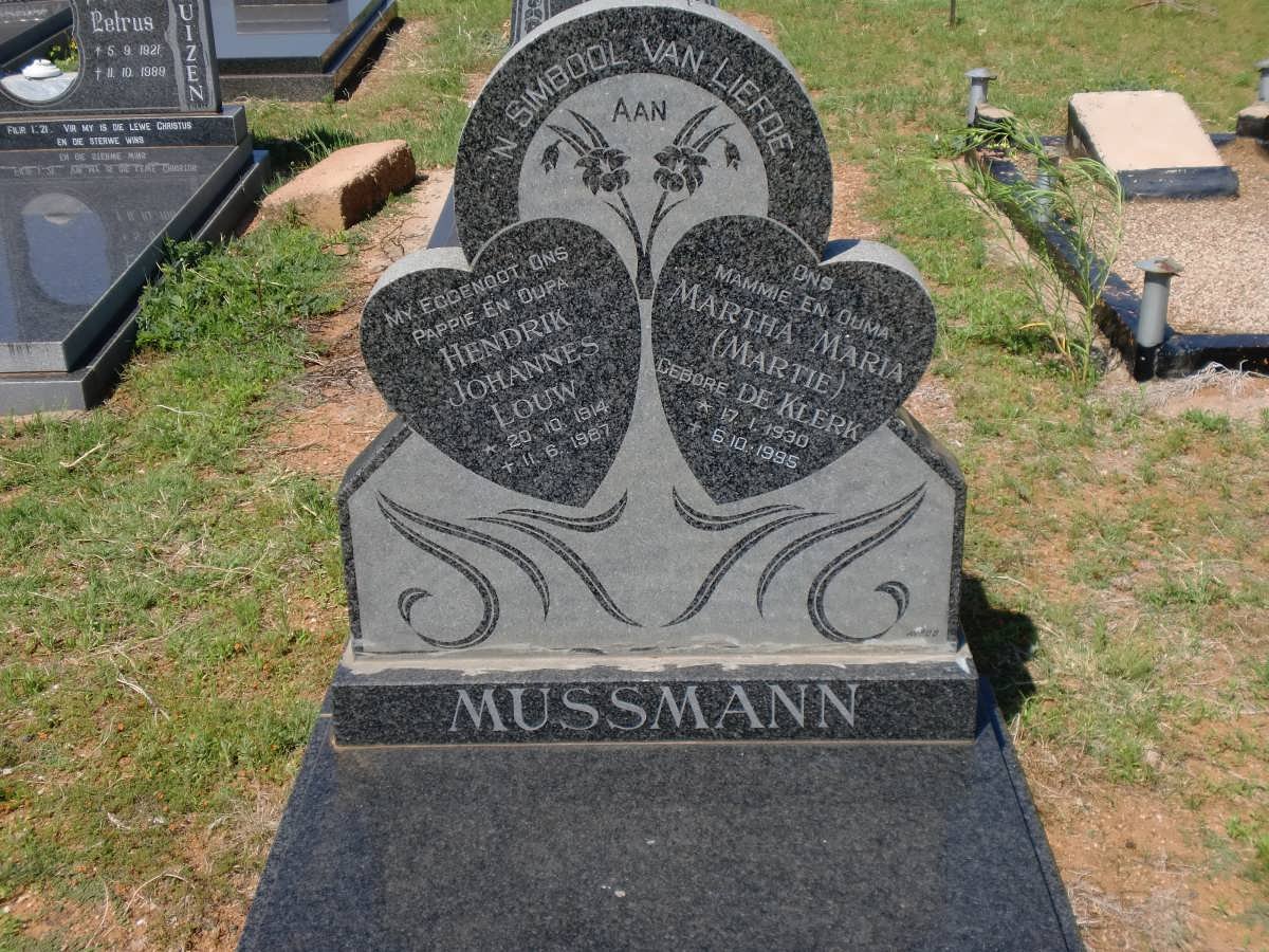 MUSSMANN Hendrik Johannes Louw 1914-1987 &amp; Martha Maria DE KLERK 1930-1995