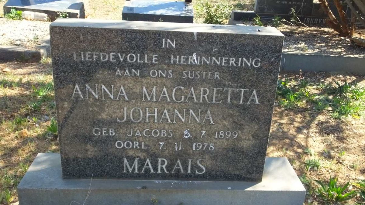 MARAIS Anna Magaretta Johanna nee JACOBS 1899-1978