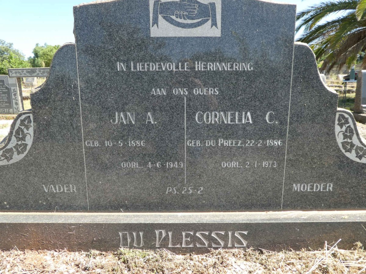 PLESSIS Jan A., du 1886-1949 &amp; Cornelia C. DU PREEZ 1886-1973