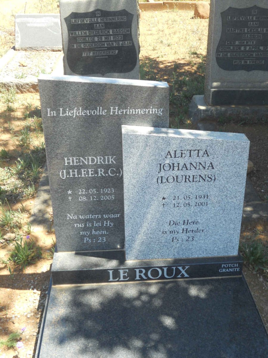 ROUX J.H.F.E.R.C., le 1923-2005 &amp; Aletta Johanna LOURENS 1931-2001