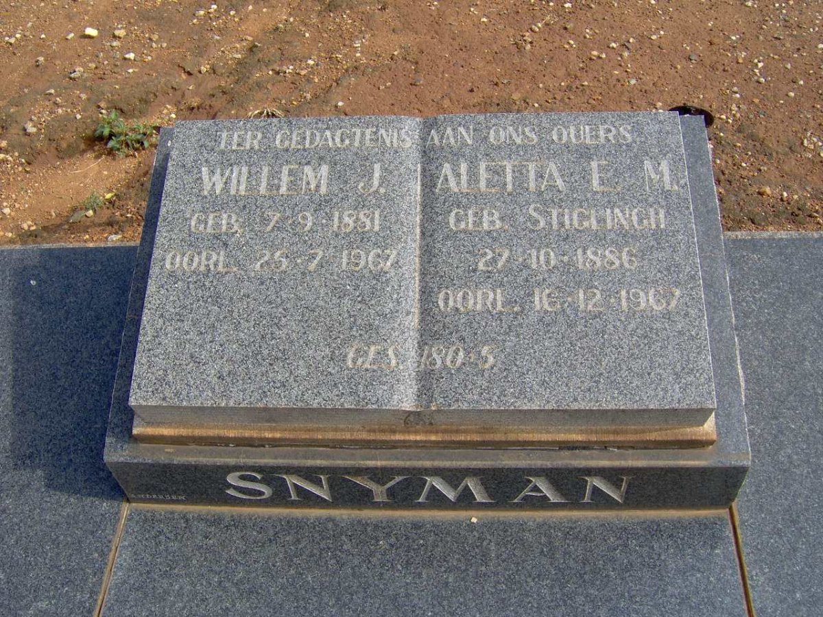 SNYMAN Willem J. 1881-1967 &amp;  Aletta E.M. STIGLINGH 1886-1967