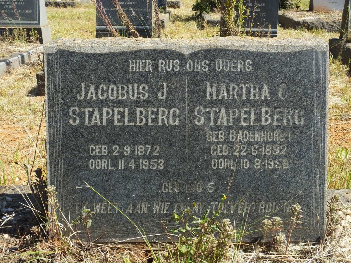 STAPELBERG Jacobus J. 1872-1953 &amp; Martha C. BADENHORST 1882-1959