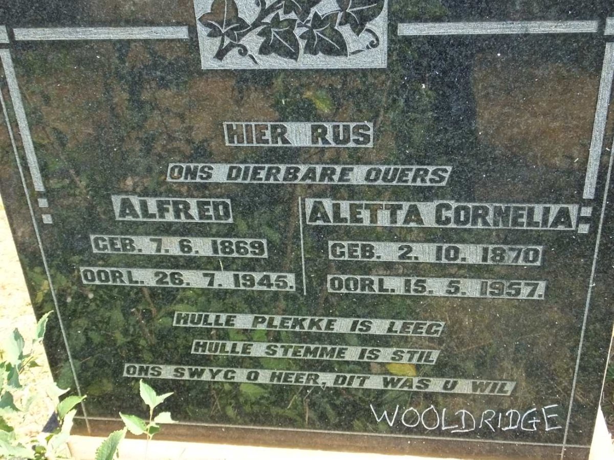 WOOLDRIDGE Alfred 1869-1945 &amp; Aletta Cornelia 1870-1957