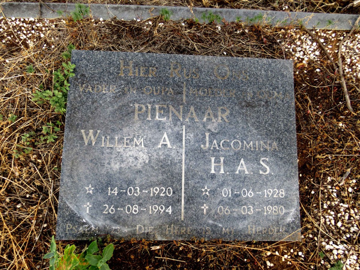 PIENAAR Willem A. 1920-1994 & Jacomina H.A.S. 1928-1980