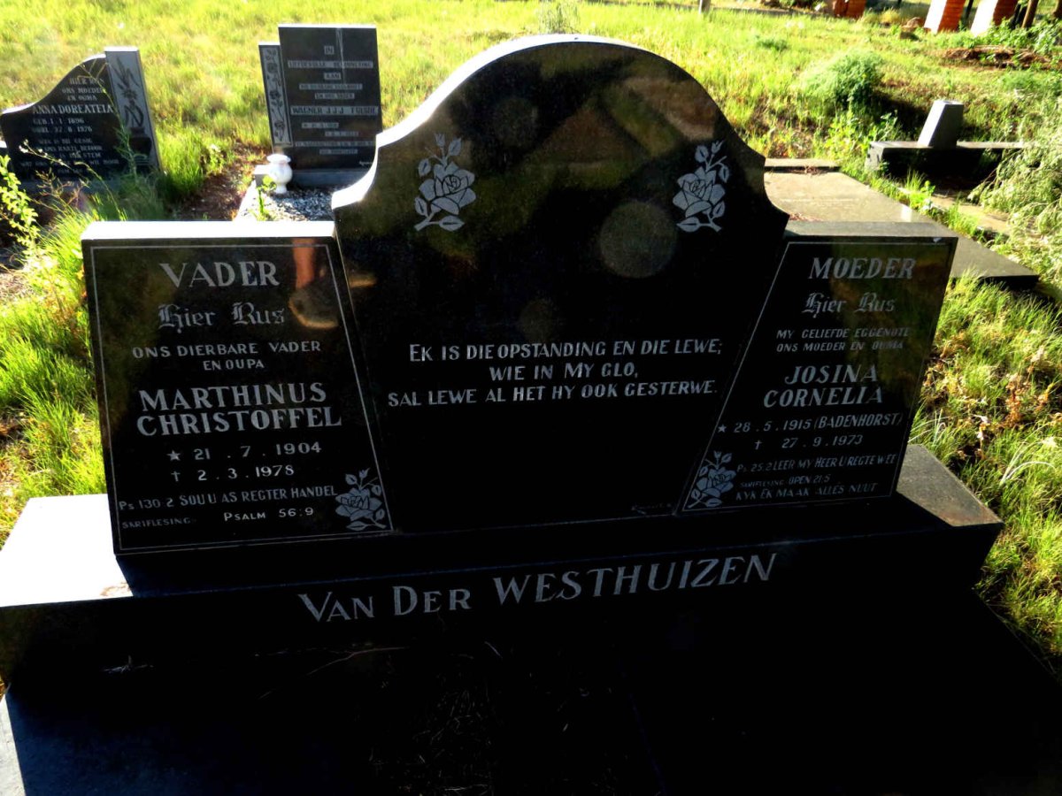 WESTHUIZEN Marthinus Christoffel, van der 1904-1978 & Josina Cornelia BADENHORST 1915-1973