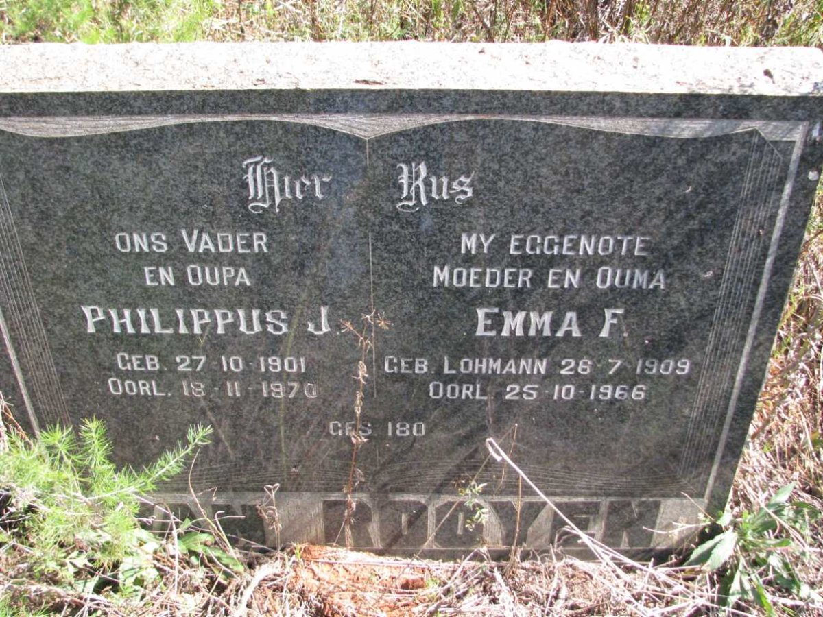 ROOYEN Philippus J., van 1901-1970 &amp; Emma F. LOHMANN 1909-1966