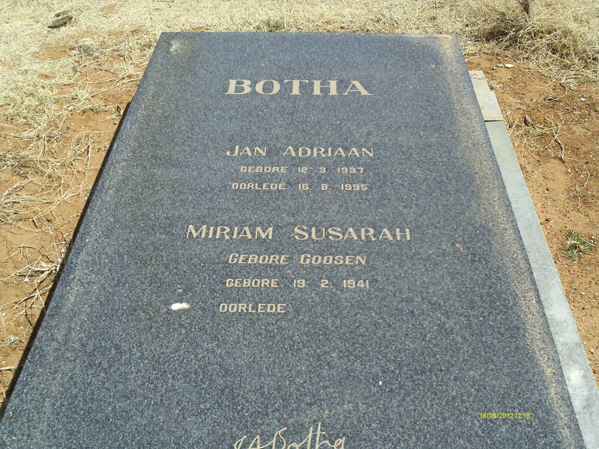 BOTHA Jan Adriaan 1937-1995 &amp; Miriam Susarah GOOSEN 1941-