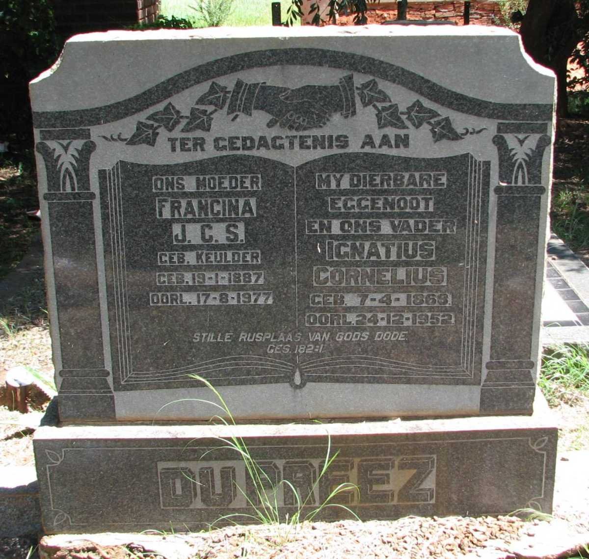 PREEZ Ignatius Cornelius, du 1868-1952 &amp; Francina J.C.S. KEULDER 1887-1977